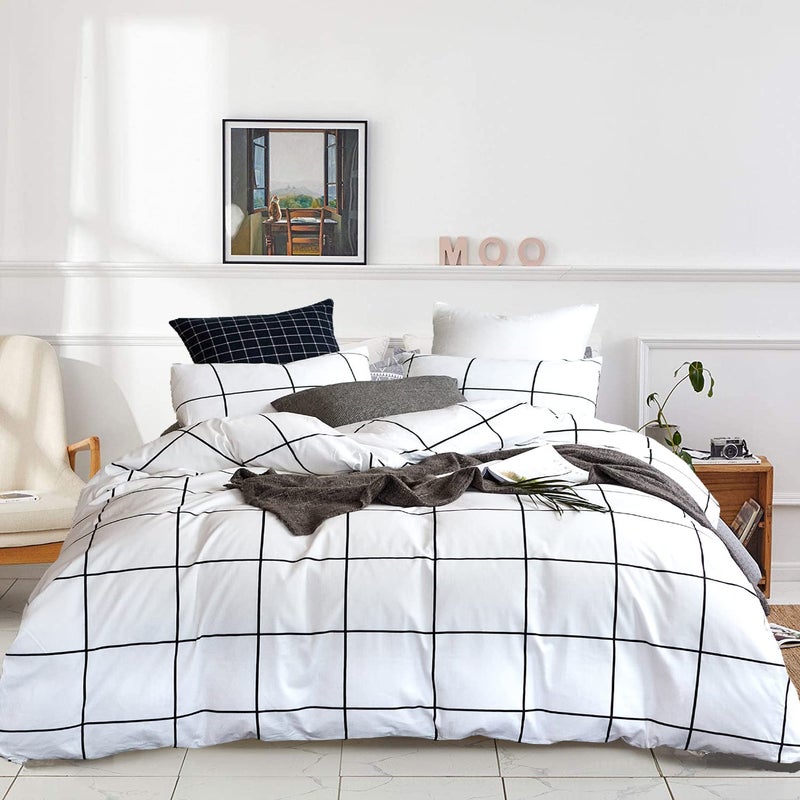 KAREVER White Grid Comforter Twin Plaid Bedding Set Stripes Boys Checkered Comforters Bedding Set Girls White Grid Comforter Set Twin - Image 1